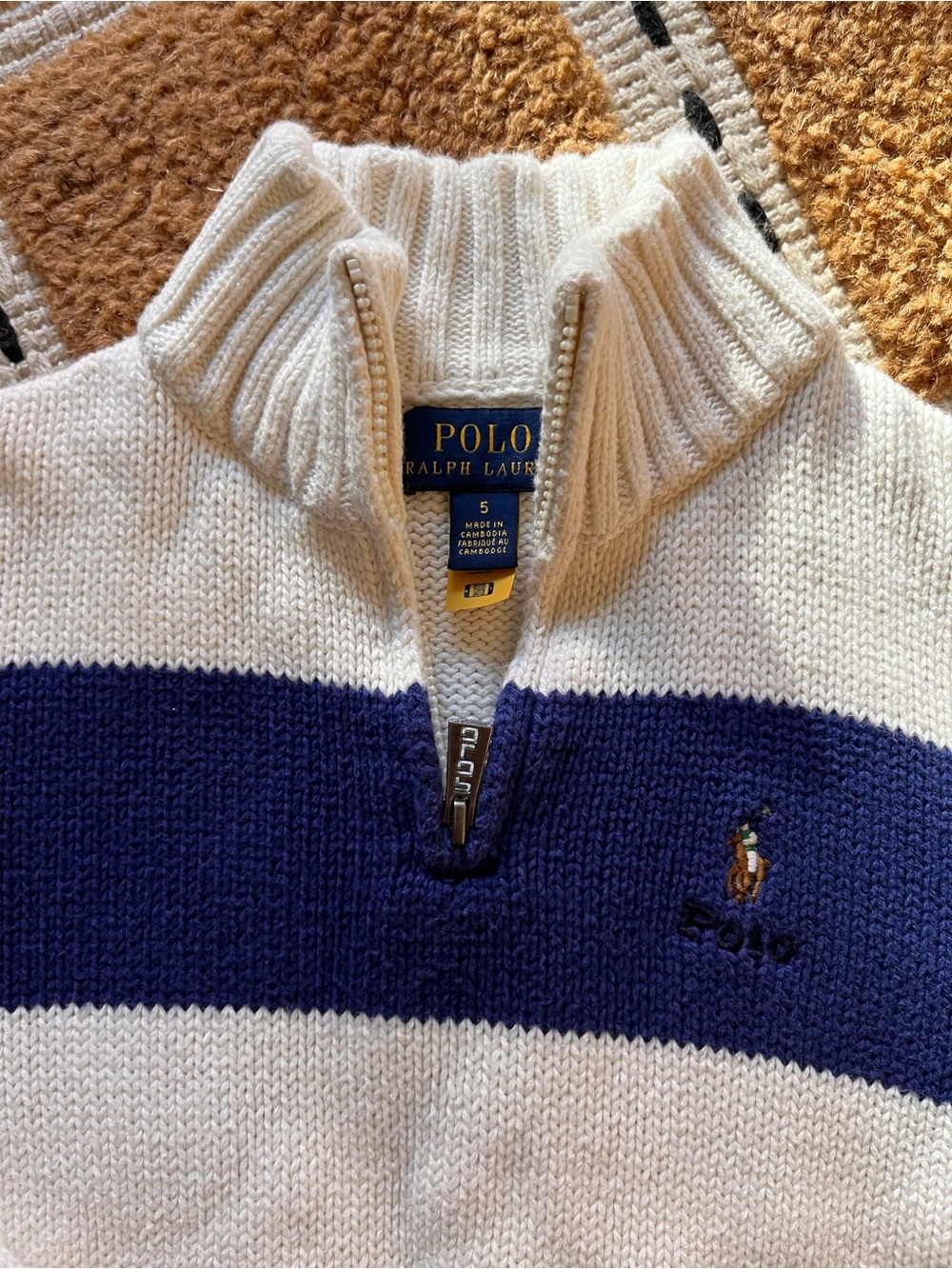 Polo by Ralph Lauren Cream Quarter-Zip Sweater with Navy Blue Stripe Size 5 Boys - Picture 2 of 4